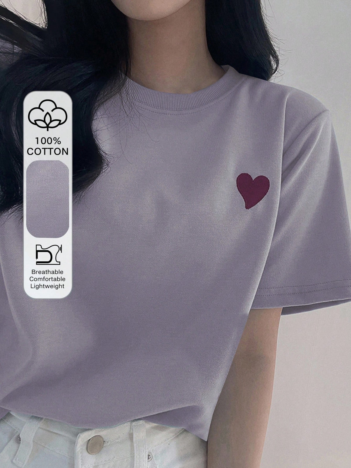 DAZY Women's Round Neck Embroidered Contrast Color Heart Minimalist Graphic T-Shirt Cute Tops