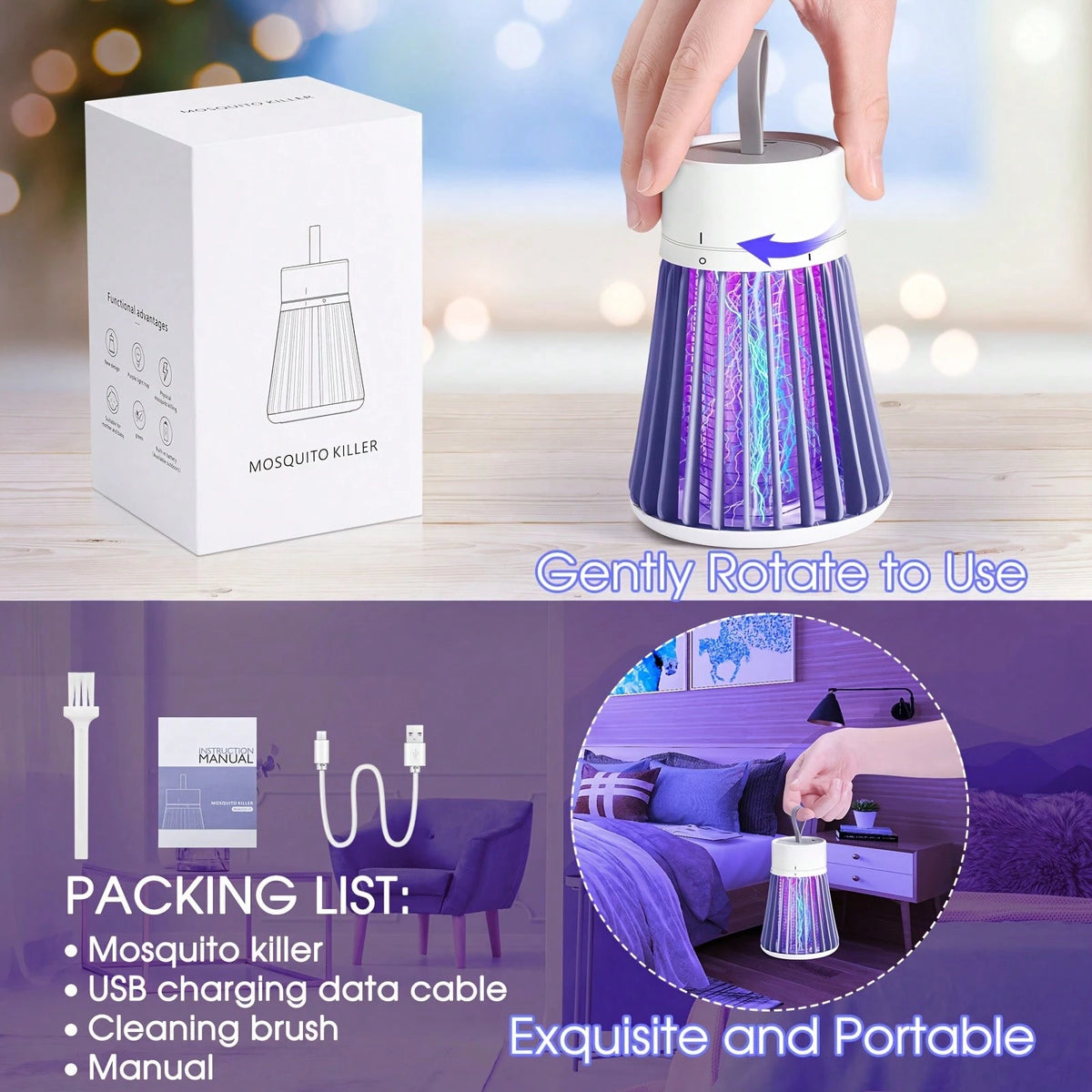 1/2PCS Bug Catcher, Mosquito Catcher, USB Electric Radiation-Free LED Silent Bed Bug Insect Killer Lamp, Suitable For Indoor Mosquitoes, Insects, Fruit Flies, Comes With A Small Brush