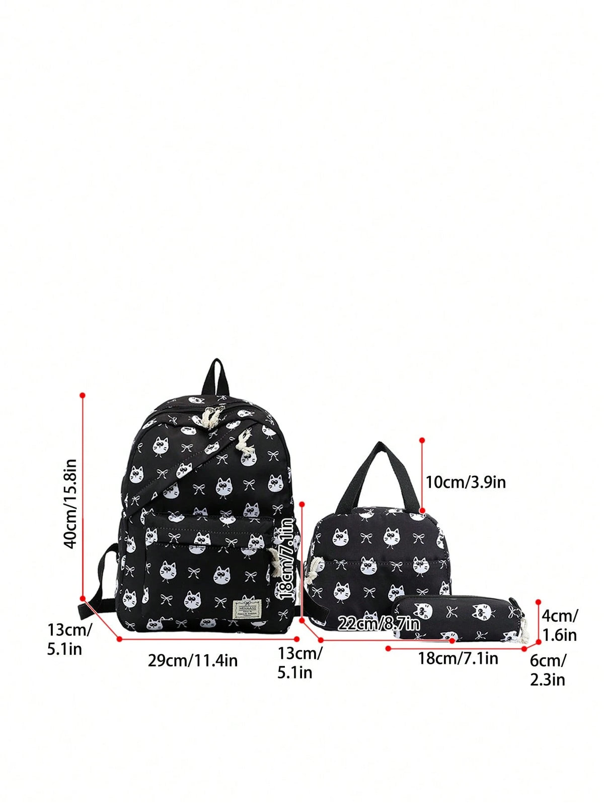 1 Set Fashionable College Style Cartoon Cat & Dog Print Backpack Combo, Includes Backpack, Portable Lunch Bag And Stationery Organizer, Built-In Laptop Compartment, Adjustable Shoulder Straps And Mult