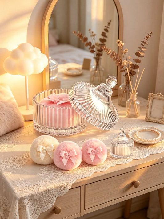 1 Set Transparent Striped Glass Cosmetic Storage Jar With Lid, Plush Painted Storage Box, Luxury Victorian Style Jewelry Organizer, Elegant Bathroom Decor Vanity Makeup Jar, Home Room Decoration, Prac