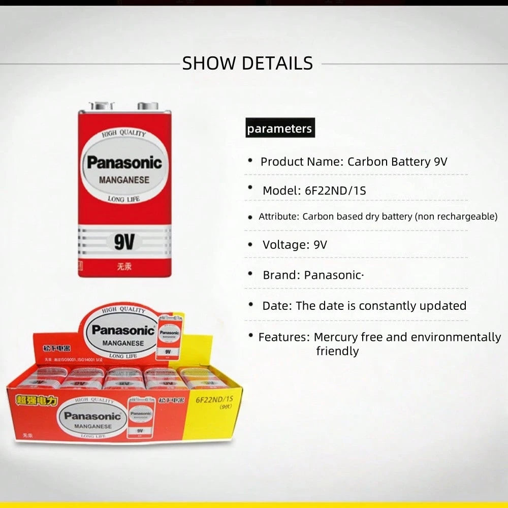 100% Genuine Panasonic 6F22ND 9V Alkaline Battery, Mercury-Free Long-Lasting, Suitable For Smoke Detectors/Clocks/Wireless Microphones