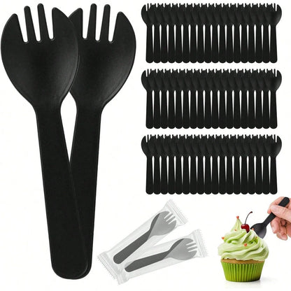 100 Mini Cakes, 4.2-Inch Individually Packaged Black Plastic Cutlery, Compact Disposable Fork And Spoon Combination, Suitable For Cakes, Appetizers, Snacks, Dessert Bars, Parties, And Travel