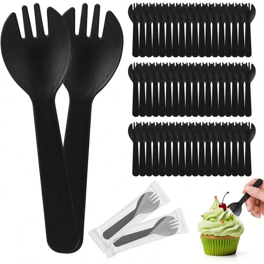 100 Mini Cakes, 4.2-Inch Individually Packaged Black Plastic Cutlery, Compact Disposable Fork And Spoon Combination, Suitable For Cakes, Appetizers, Snacks, Dessert Bars, Parties, And Travel
