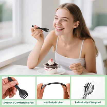 100 Mini Cakes, 4.2-Inch Individually Packaged Black Plastic Cutlery, Compact Disposable Fork And Spoon Combination, Suitable For Cakes, Appetizers, Snacks, Dessert Bars, Parties, And Travel