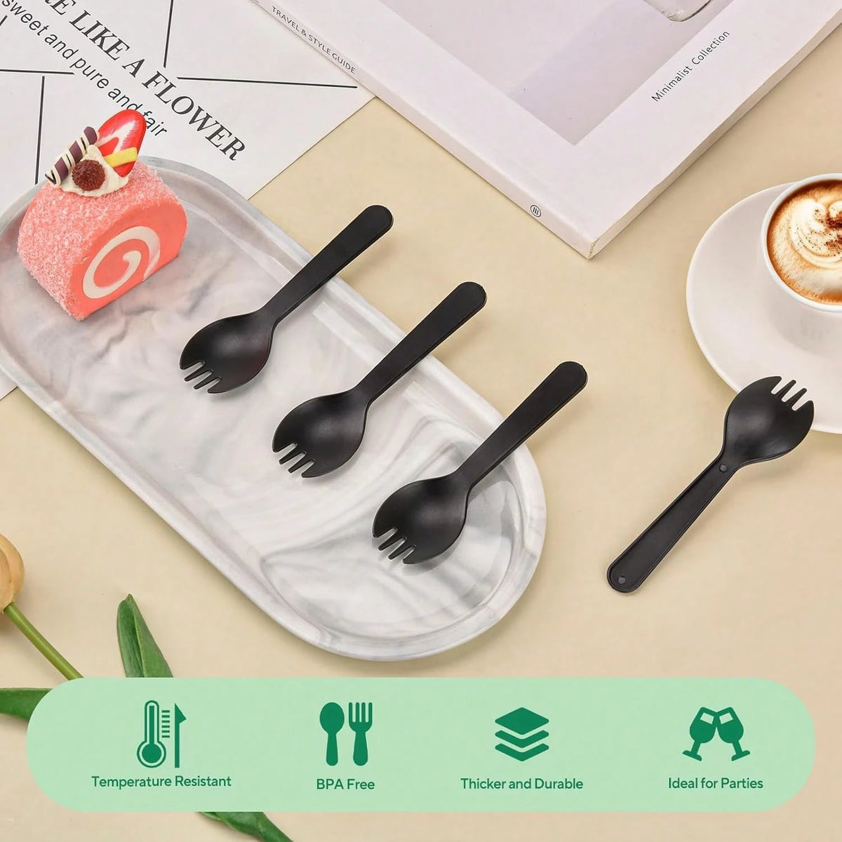 100 Mini Cakes, 4.2-Inch Individually Packaged Black Plastic Cutlery, Compact Disposable Fork And Spoon Combination, Suitable For Cakes, Appetizers, Snacks, Dessert Bars, Parties, And Travel