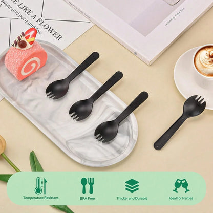 100 Mini Cakes, 4.2-Inch Individually Packaged Black Plastic Cutlery, Compact Disposable Fork And Spoon Combination, Suitable For Cakes, Appetizers, Snacks, Dessert Bars, Parties, And Travel