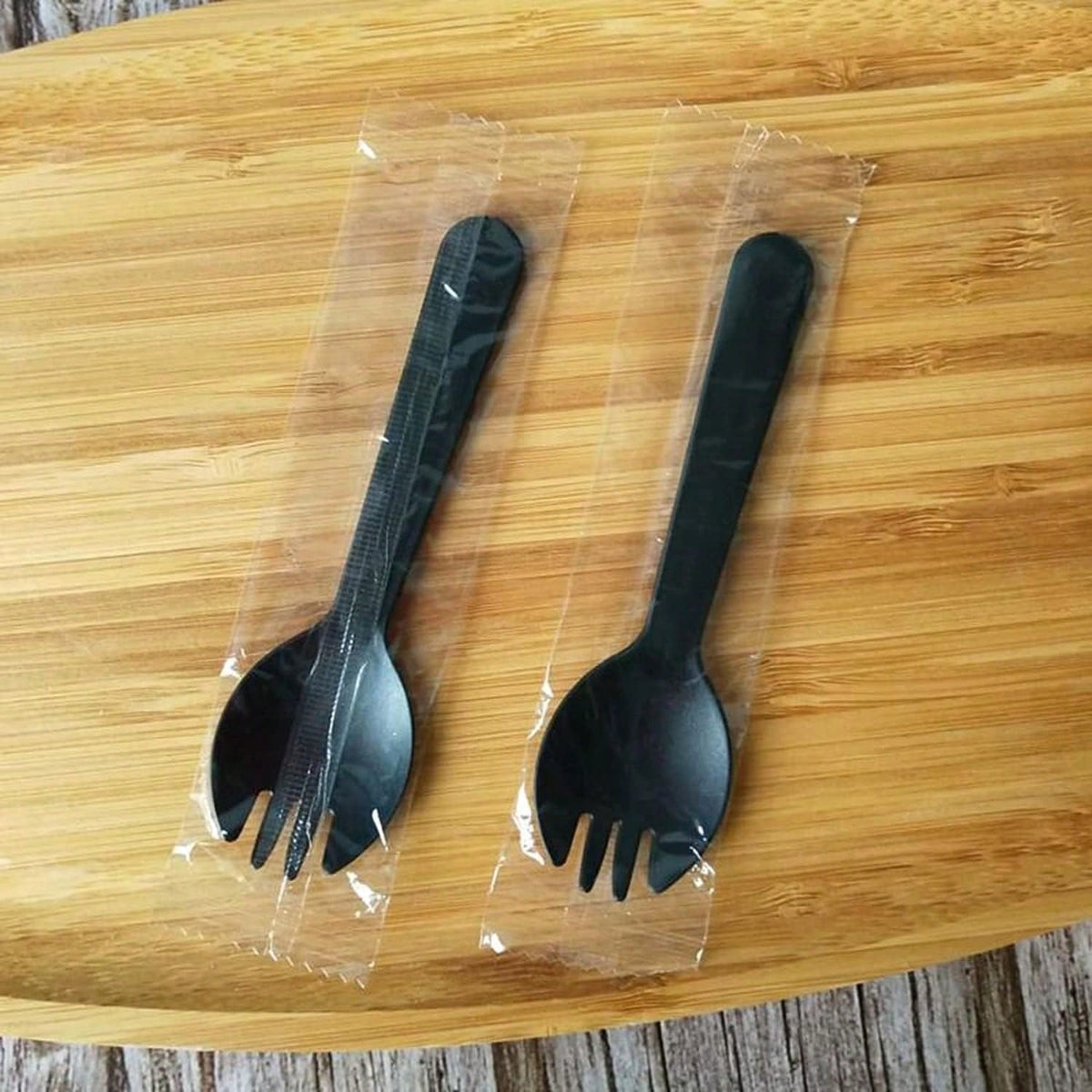 100PCS Disposable Sporks, Individually Wrappe-Friendly Durable Plastic Spork, 2 In 1 Forks And Spoons Great For Lunch, Picnics Or Restaurant And Party Supply (Black)