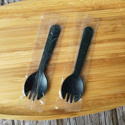 100PCS Disposable Sporks, Individually Wrappe-Friendly Durable Plastic Spork, 2 In 1 Forks And Spoons Great For Lunch, Picnics Or Restaurant And Party Supply (Black)