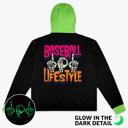 Black youth hoodie with glow-in-the-dark "101 Skeleton" detail
