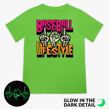 Green youth graphic tee with glow-in-the-dark "101 Skeleton" detail