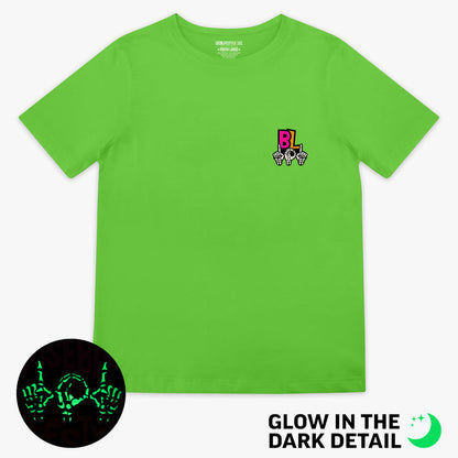 Green youth graphic tee with glow-in-the-dark "101 Skeleton" detail