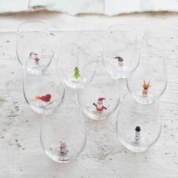 12oz. Holiday Figure Stemless Wine Glass - 13 Hub Lane   |  Drinking Glasses
