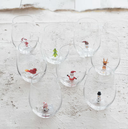 12oz. Holiday Figure Stemless Wine Glass - 13 Hub Lane   |  Drinking Glasses