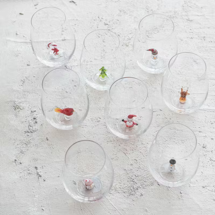 12oz. Holiday Figure Stemless Wine Glass - 13 Hub Lane   |  Drinking Glasses