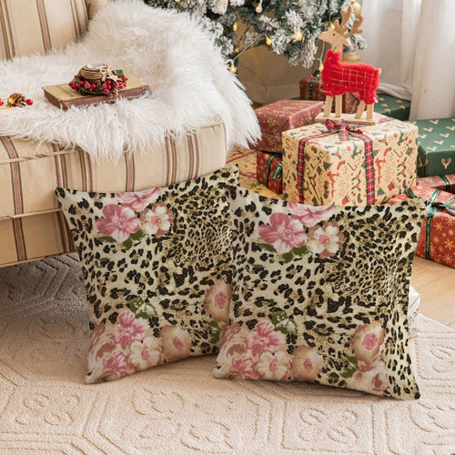 1pc 18x18 Inch Elegant Floral & Leopard Print Decorative Throw Pillows- Soft Pastel Pink & Brown Cottage Style Square Cushions, Contemporary Farmhouse Sofa Bed Pillows For Bedroom, Living Room- No
