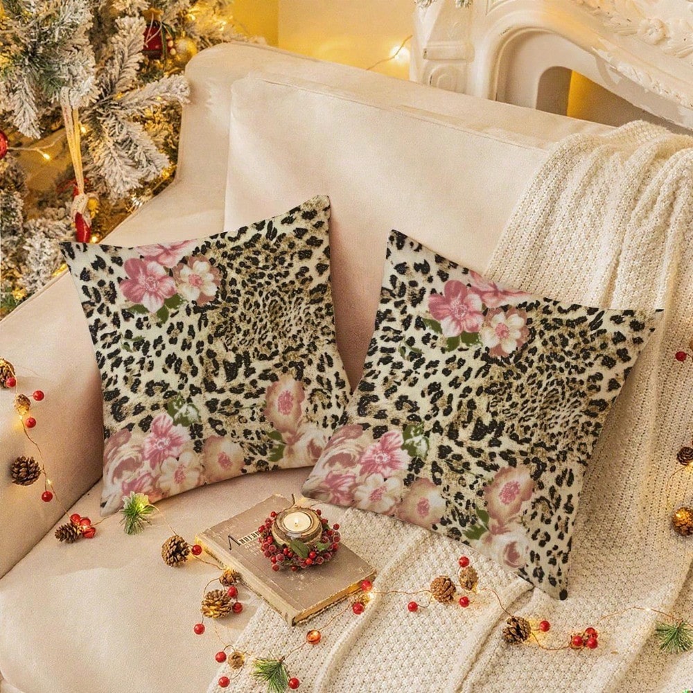 1pc 18x18 Inch Elegant Floral & Leopard Print Decorative Throw Pillows- Soft Pastel Pink & Brown Cottage Style Square Cushions, Contemporary Farmhouse Sofa Bed Pillows For Bedroom, Living Room- No