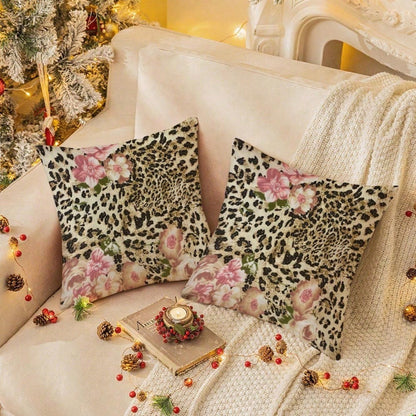 1pc 18x18 Inch Elegant Floral & Leopard Print Decorative Throw Pillows- Soft Pastel Pink & Brown Cottage Style Square Cushions, Contemporary Farmhouse Sofa Bed Pillows For Bedroom, Living Room- No