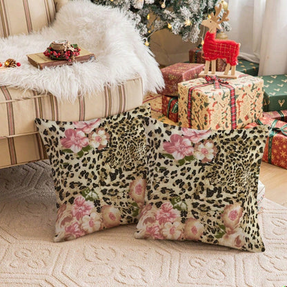 1pc 18x18 Inch Elegant Floral & Leopard Print Decorative Throw Pillows- Soft Pastel Pink & Brown Cottage Style Square Cushions, Contemporary Farmhouse Sofa Bed Pillows For Bedroom, Living Room- No