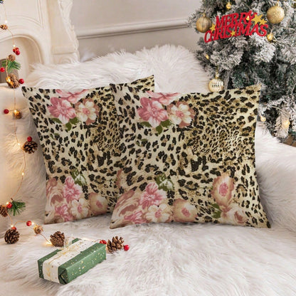 1pc 18x18 Inch Elegant Floral & Leopard Print Decorative Throw Pillows- Soft Pastel Pink & Brown Cottage Style Square Cushions, Contemporary Farmhouse Sofa Bed Pillows For Bedroom, Living Room- No