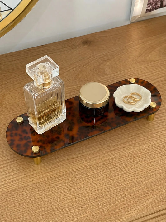 1pc 28cm Leopard Print Desktop Storage Tray Display Stand, Luxury Vintage Organizer Rack For Jewelry, Perfume, Cosmetics, Gold Legs Small Shelf, Suitable For Bedroom Vanity, Office, Desk Drawer, Entry
