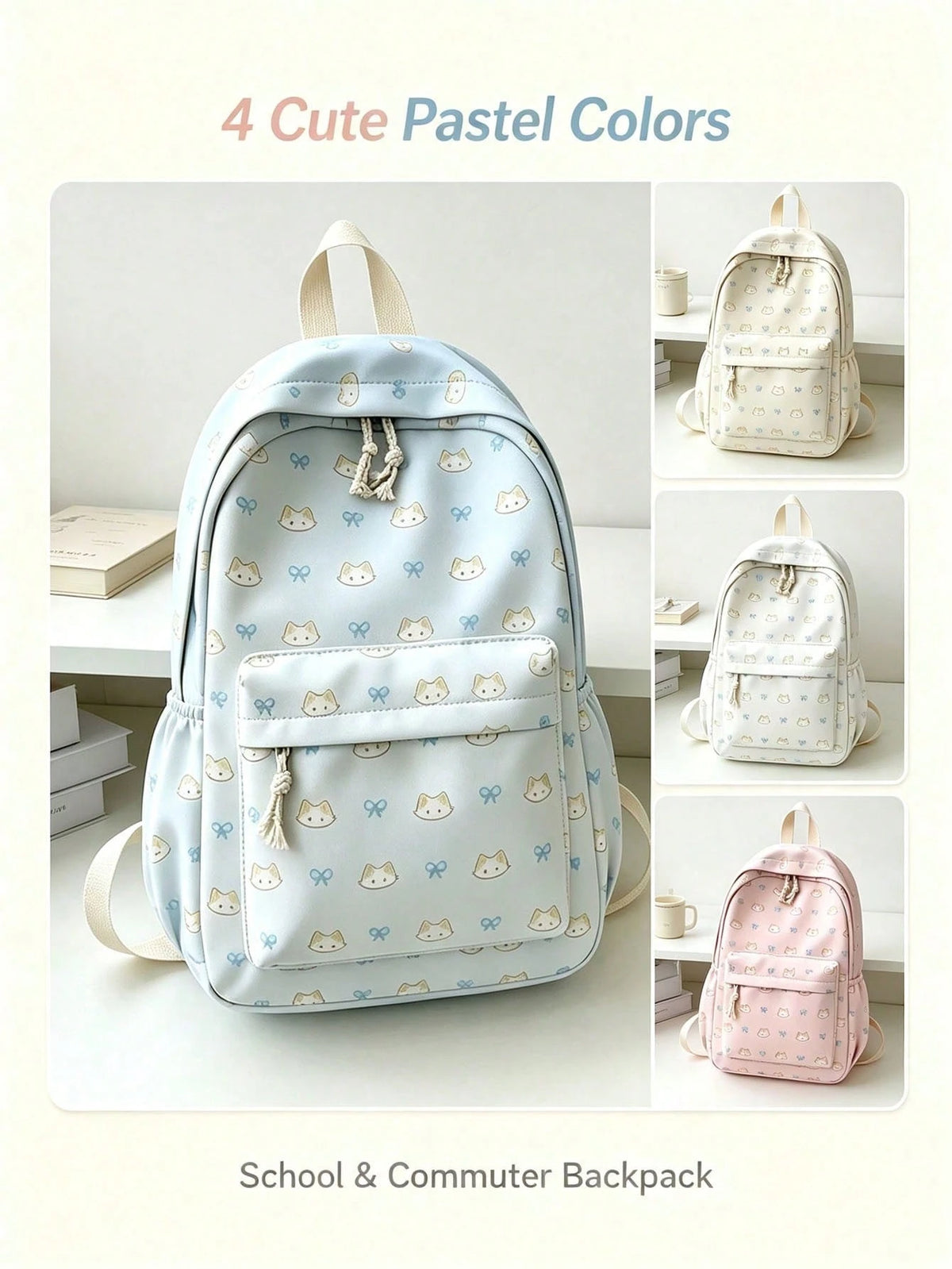 1pc/4pcs Cute Cat Bow Print Backpack, Large Capacity Waterproof Nylon Multi-Pocket Macaron Color Student School Bag, American Casual Daily Backpack, Suitable For Teenage Girls Students Travel Supplies