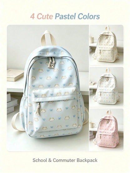 1pc/4pcs Cute Cat Bow Print Backpack, Large Capacity Waterproof Nylon Multi-Pocket Macaron Color Student School Bag, American Casual Daily Backpack, Suitable For Teenage Girls Students Travel Supplies