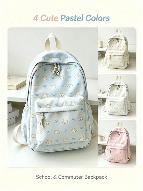1pc/4pcs Cute Cat Bow Print Backpack, Large Capacity Waterproof Nylon Multi-Pocket Macaron Color Student School Bag, American Casual Daily Backpack, Suitable For Teenage Girls Students Travel Supplies