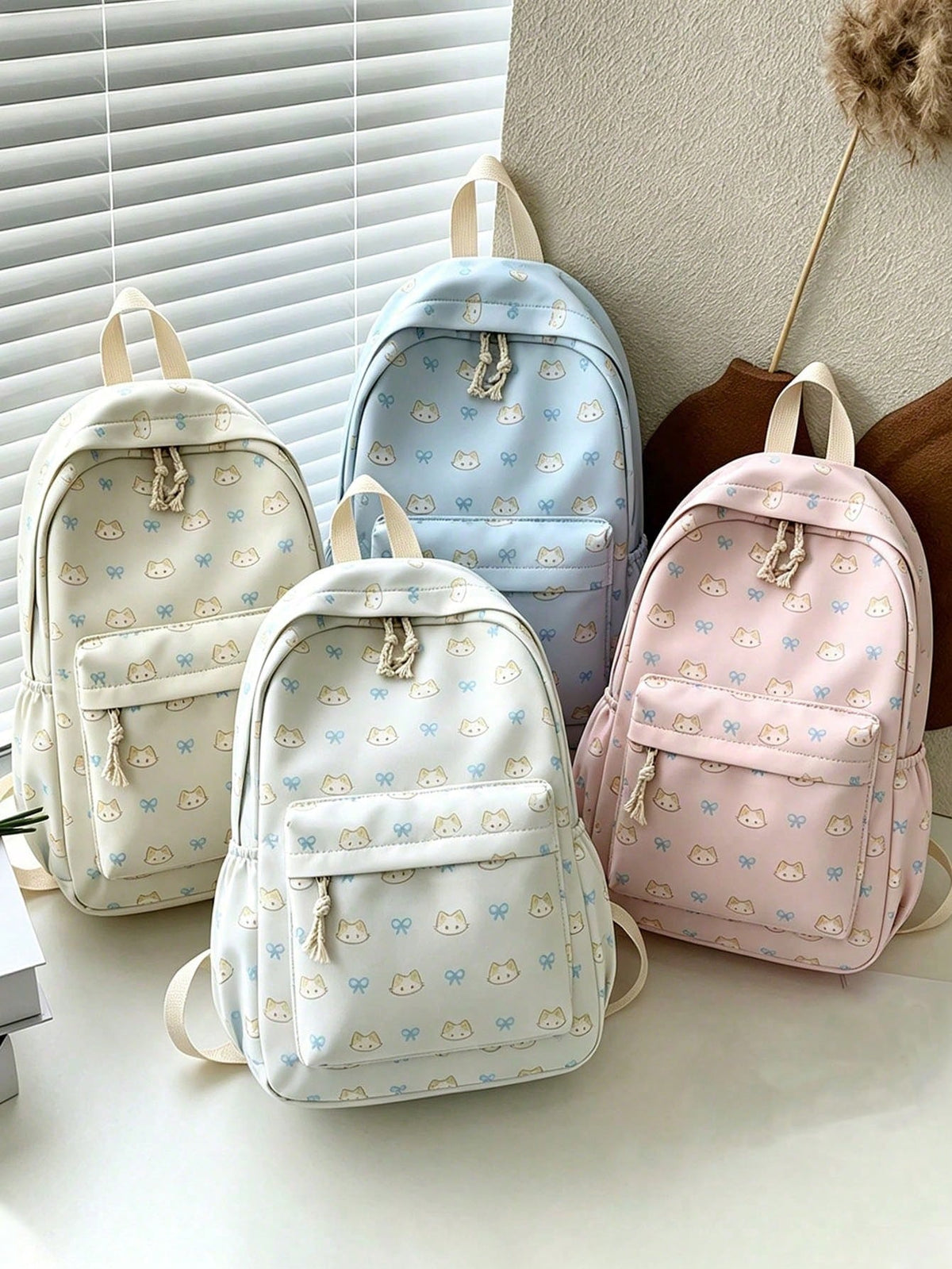 1pc/4pcs Cute Cat Bow Print Backpack, Large Capacity Waterproof Nylon Multi-Pocket Macaron Color Student School Bag, American Casual Daily Backpack, Suitable For Teenage Girls Students Travel Supplies