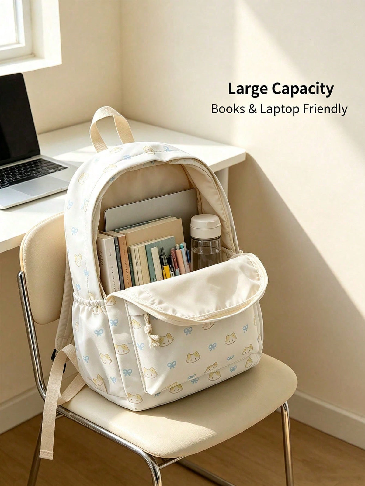 1pc/4pcs Cute Cat Bow Print Backpack, Large Capacity Waterproof Nylon Multi-Pocket Macaron Color Student School Bag, American Casual Daily Backpack, Suitable For Teenage Girls Students Travel Supplies