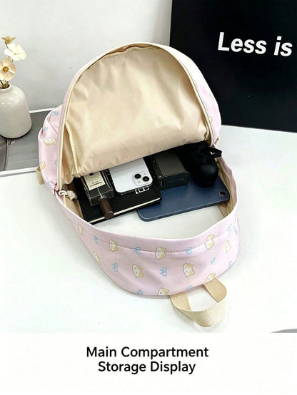 1pc/4pcs Cute Cat Bow Print Backpack, Large Capacity Waterproof Nylon Multi-Pocket Macaron Color Student School Bag, American Casual Daily Backpack, Suitable For Teenage Girls Students Travel Supplies
