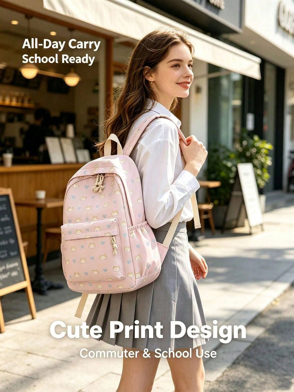 1pc/4pcs Cute Cat Bow Print Backpack, Large Capacity Waterproof Nylon Multi-Pocket Macaron Color Student School Bag, American Casual Daily Backpack, Suitable For Teenage Girls Students Travel Supplies