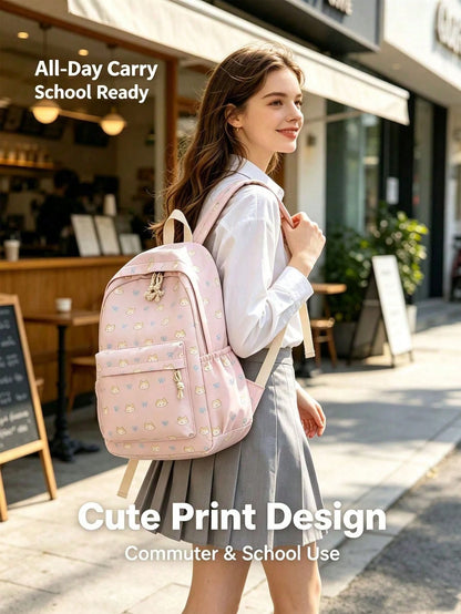 1pc/4pcs Cute Cat Bow Print Backpack, Large Capacity Waterproof Nylon Multi-Pocket Macaron Color Student School Bag, American Casual Daily Backpack, Suitable For Teenage Girls Students Travel Supplies