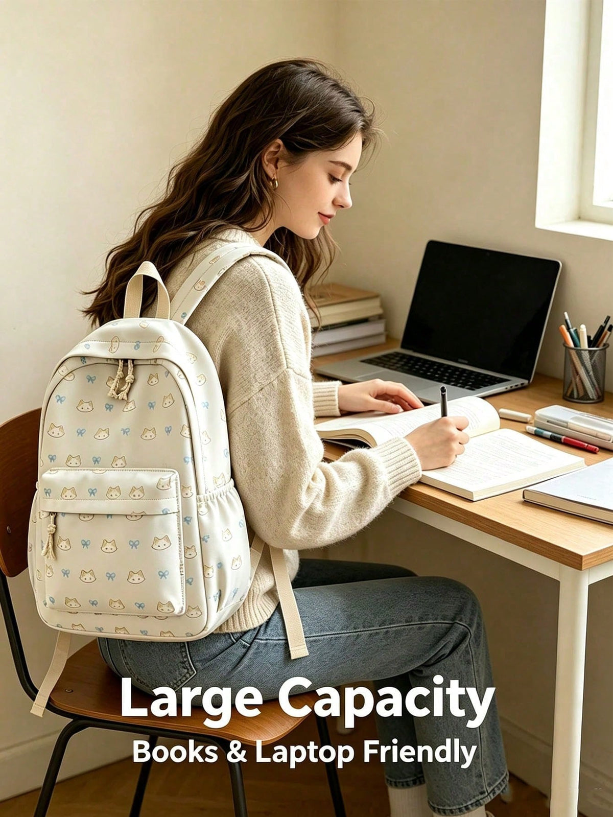 1pc/4pcs Cute Cat Bow Print Backpack, Large Capacity Waterproof Nylon Multi-Pocket Macaron Color Student School Bag, American Casual Daily Backpack, Suitable For Teenage Girls Students Travel Supplies