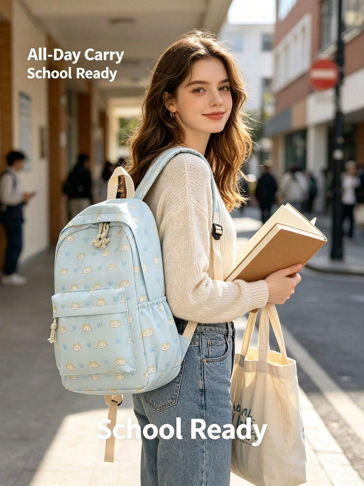 1pc/4pcs Cute Cat Bow Print Backpack, Large Capacity Waterproof Nylon Multi-Pocket Macaron Color Student School Bag, American Casual Daily Backpack, Suitable For Teenage Girls Students Travel Supplies