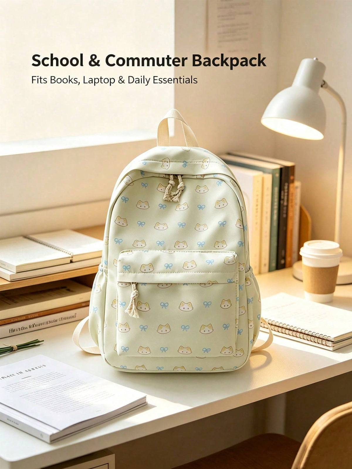 1pc/4pcs Cute Cat Bow Print Backpack, Large Capacity Waterproof Nylon Multi-Pocket Macaron Color Student School Bag, American Casual Daily Backpack, Suitable For Teenage Girls Students Travel Supplies