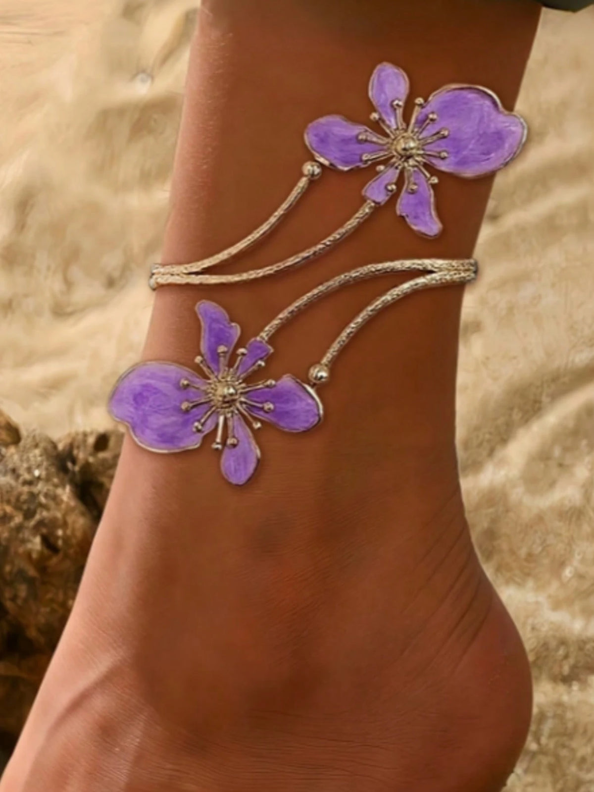 1pc Adjustable Floral Anklet, Geometric Design, Elegant Open-Style Foot Bracelet, Suitable For Women's Daily Wear Jewelry