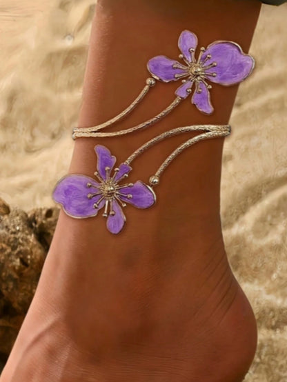 1pc Adjustable Floral Anklet, Geometric Design, Elegant Open-Style Foot Bracelet, Suitable For Women's Daily Wear Jewelry