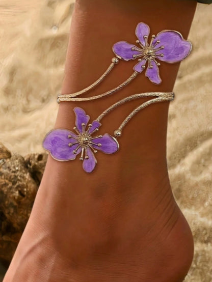 1pc Adjustable Floral Anklet, Geometric Design, Elegant Open-Style Foot Bracelet, Suitable For Women's Daily Wear Jewelry