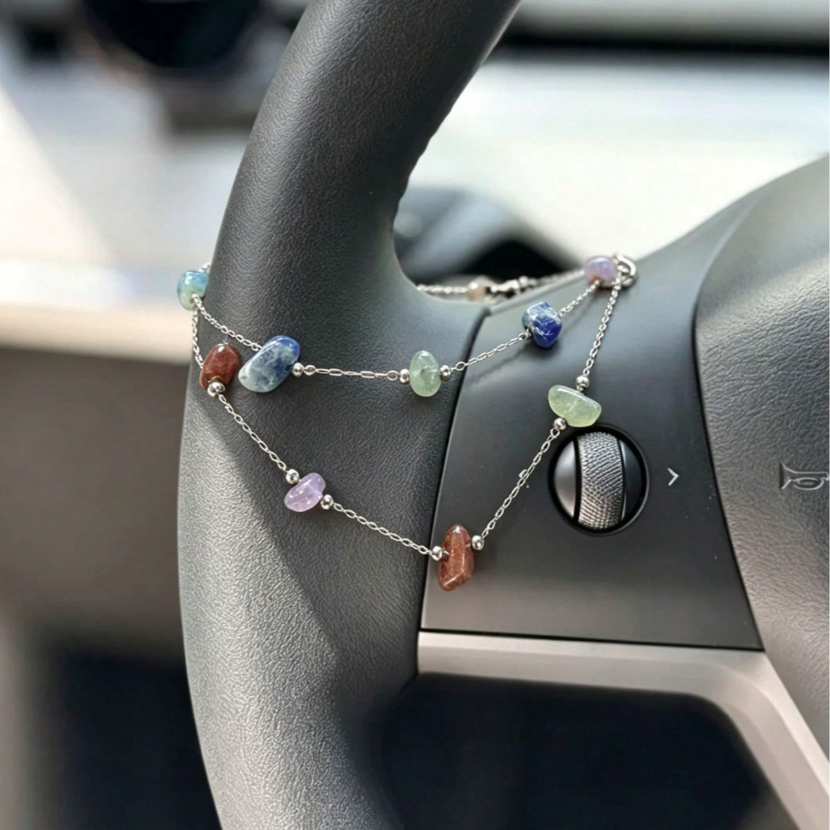 1pc Asymmetrical Stone Bead Steering Wheel Chain, Dainty Multicolor Beaded Auto Interior Decor Vehicle Accessory