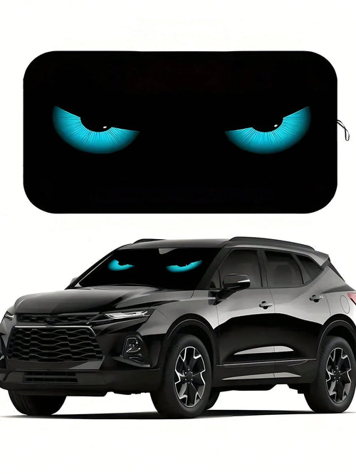 1pc Blue Devil Eye Design Foldable Car Windshield Sunshade Cover, 2025 Automotive Windshield Shade Blocks UV Rays Keeping Car Cool, Funny Car Sunshield With Durable Black Strap