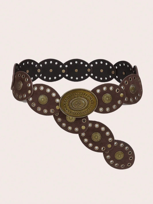 1pc Bohemian Western Style Women's Belt, Boho Belt, Western Belt, Gothic Velvet Patchwork Belt, Fashion Accessory For Women,Autumn/Winter Coffee & Antique Bronze Floral Oval Buckle, Dress Accessory
