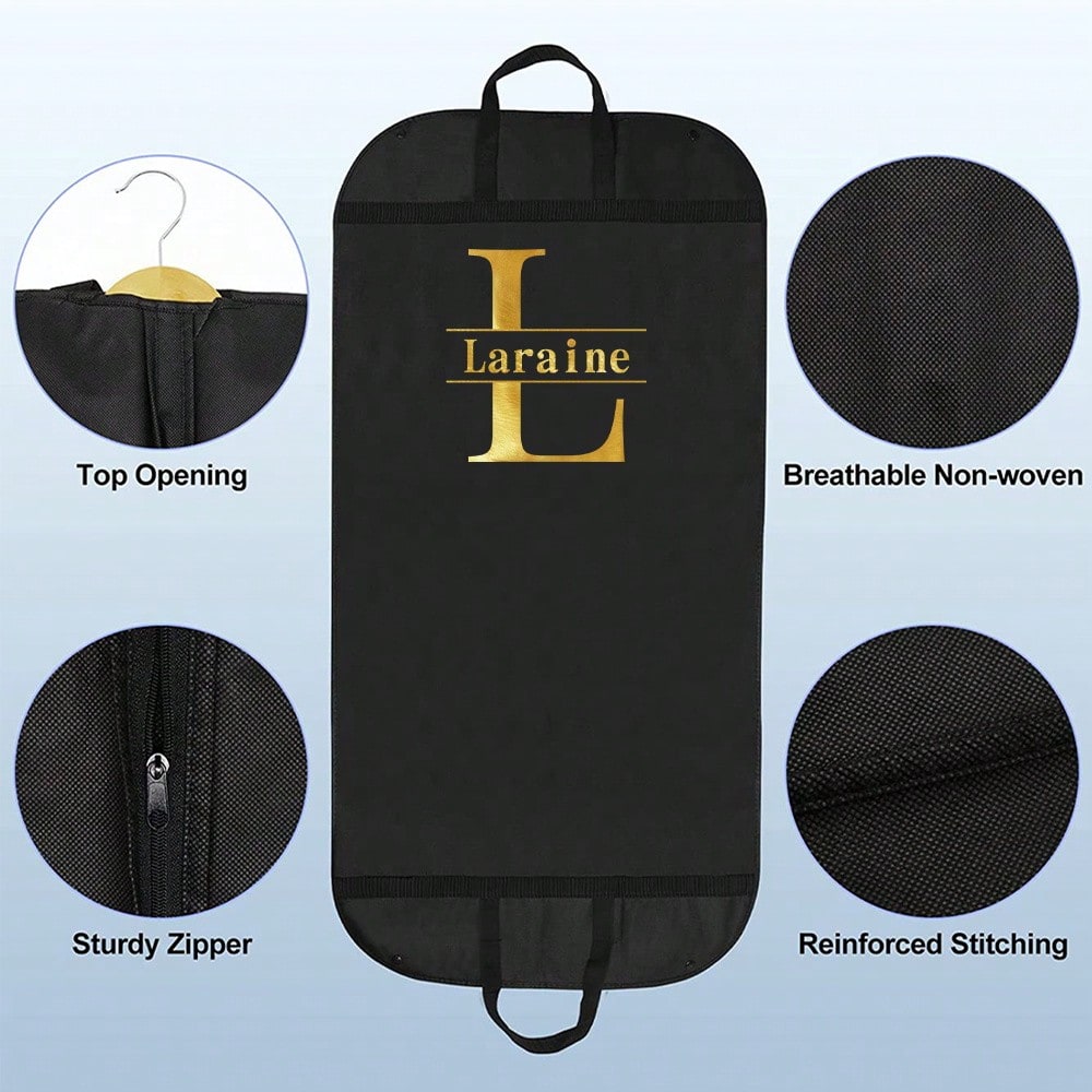 1pc Customized Portable Waterproof Nonwovens Clothes Dust Cover, Personalized Initials Garment Bag For Suit Coat Storage, Hanging Dress Protector Bag, Travel Essential