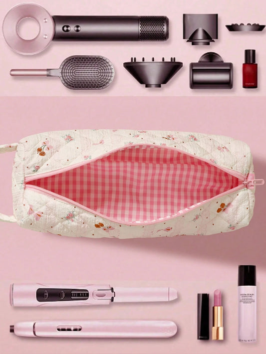 1Pc Cute Cherry Print Quilted Hair Dryer Storage Bag, Zipper Design Hair Dryer Holder, Hair Tool Bag Travel Case Travel Carrying Organizer Bag For Crimping Hair Tools(Curling Iron, Hair Dryer), Hair C