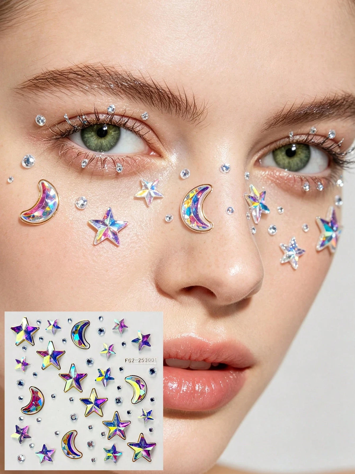 1pc Dreamy Princess Style Iridescent Star & Moon Face Rhinestone Stickers, Back To School Makeup Gift Set, Rainbow AB Self-Adhesive Face Decor, Suitable For Music Festivals, Parties And DIY Crafts