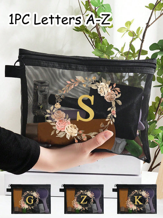 1pc Floral & Gold Foil Printed Mesh Cosmetic Bag, Ideal For Travel Toiletries. The Mesh Design Prevents Moisture Buildup When Storing Various Travel Bottles And Jars. Fashionable And Attractive, With