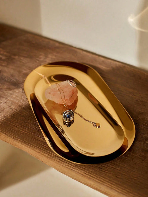 1pc Gold Luxurious Metal Storage Tray Jewelry Display Tray Home Decoration Serving Plate Craft For Table Organizer Oval (7in/8.7in/10.2in)