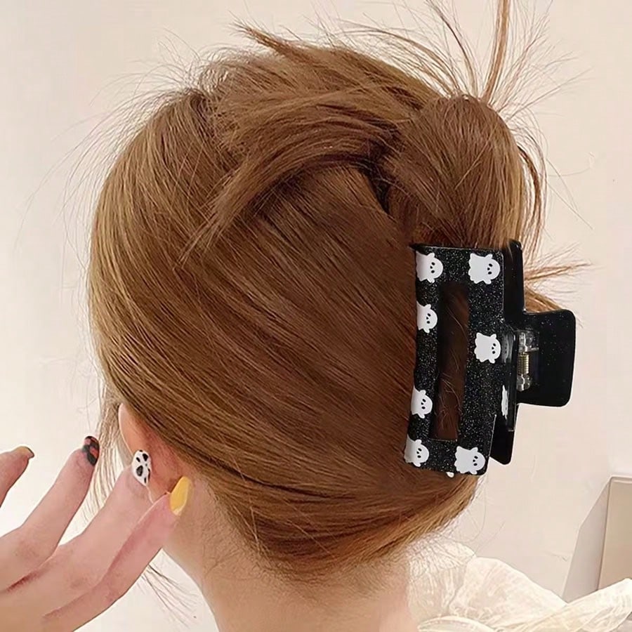 1pc Halloween Ghost Print Hair Clip, Vintage Y2K Style, Oval Long Hollow Design, Large Single Hair Accessory