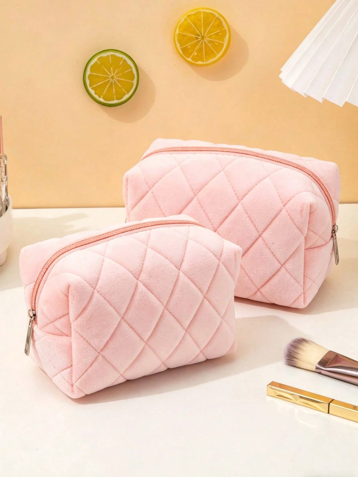 1pc Large Capacity Polyester Fabric Soft Quilted Cloud Rhombus Cosmetic Storage Bag, Pencil Case For Students, Eyebrow Pencil, Eyeshadow Palette, Makeup Brush Storage, Travel, Home, All-Season, Unisex
