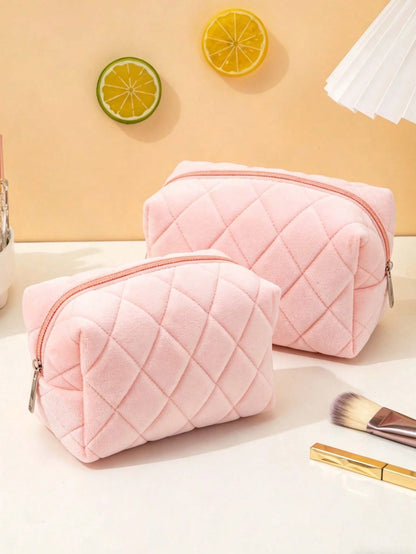 1pc Large Capacity Polyester Fabric Soft Quilted Cloud Rhombus Cosmetic Storage Bag, Pencil Case For Students, Eyebrow Pencil, Eyeshadow Palette, Makeup Brush Storage, Travel, Home, All-Season, Unisex
