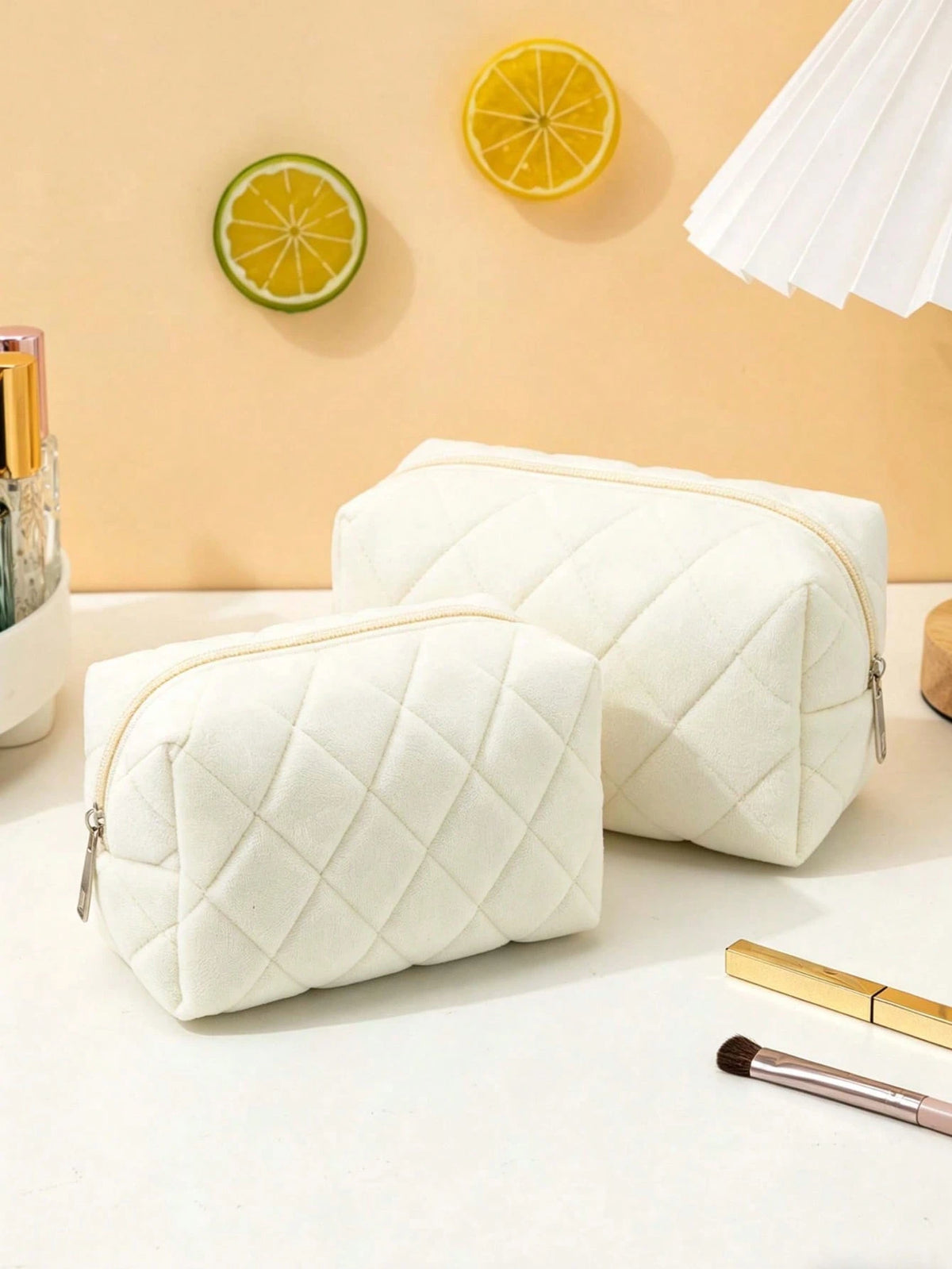 1pc Large Capacity Polyester Fabric Soft Quilted Cloud Rhombus Cosmetic Storage Bag, Pencil Case For Students, Eyebrow Pencil, Eyeshadow Palette, Makeup Brush Storage, Travel, Home, All-Season, Unisex